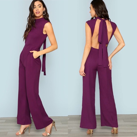 Boutique Pants - 🆕Purple tailored openback long time necj jumpsuit
